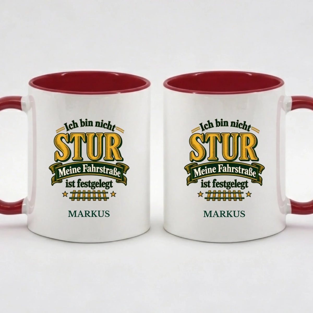 Two-Tone-Tasse „Ich bin nicht stur“ in Rot mit Name