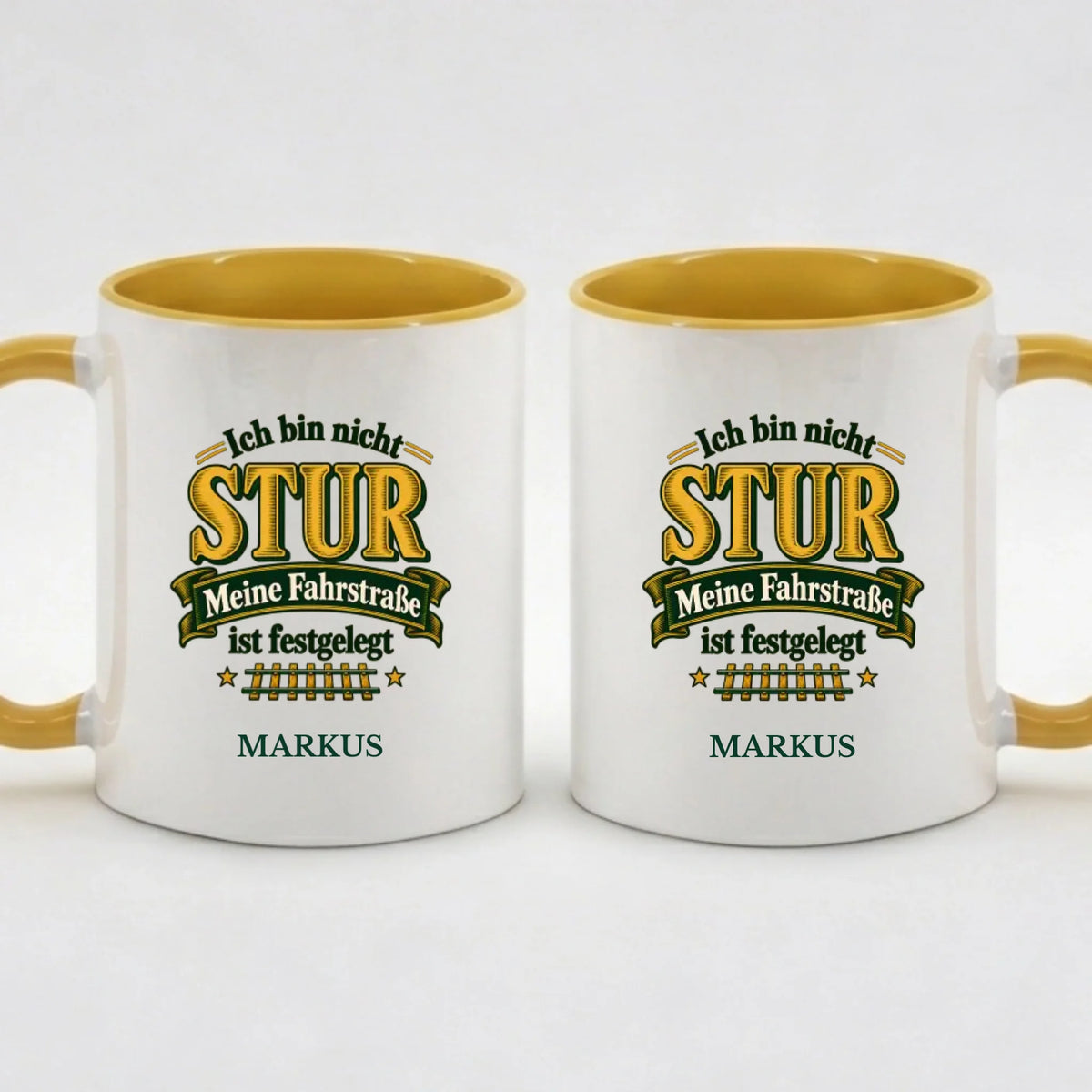 Two-Tone-Tasse „Ich bin nicht stur“ in Gelb mit Name