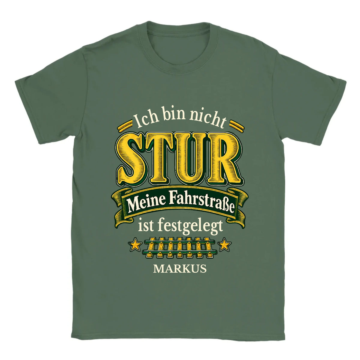 Personalisierbares T-Shirt „Ich bin nicht stur“ in Olivgrün mit Name