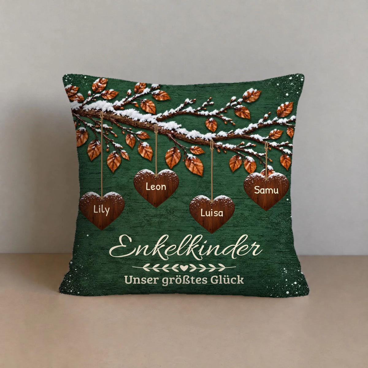 Personalisierbares Baumwoll-Kissen „Enkelglück im Winterwald“ mit Enkelnamen, 30 x 30 cm